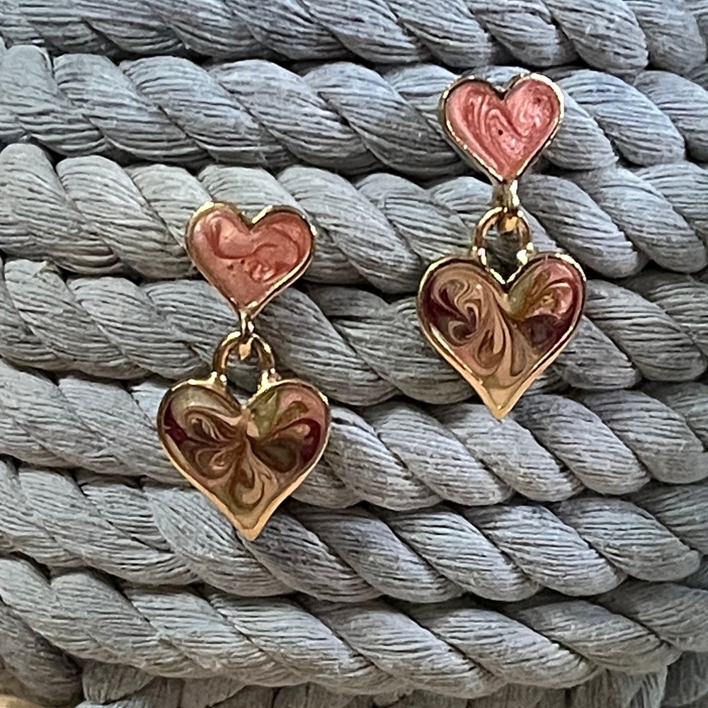 80s Gold and Pink Enameled Heart Earrings